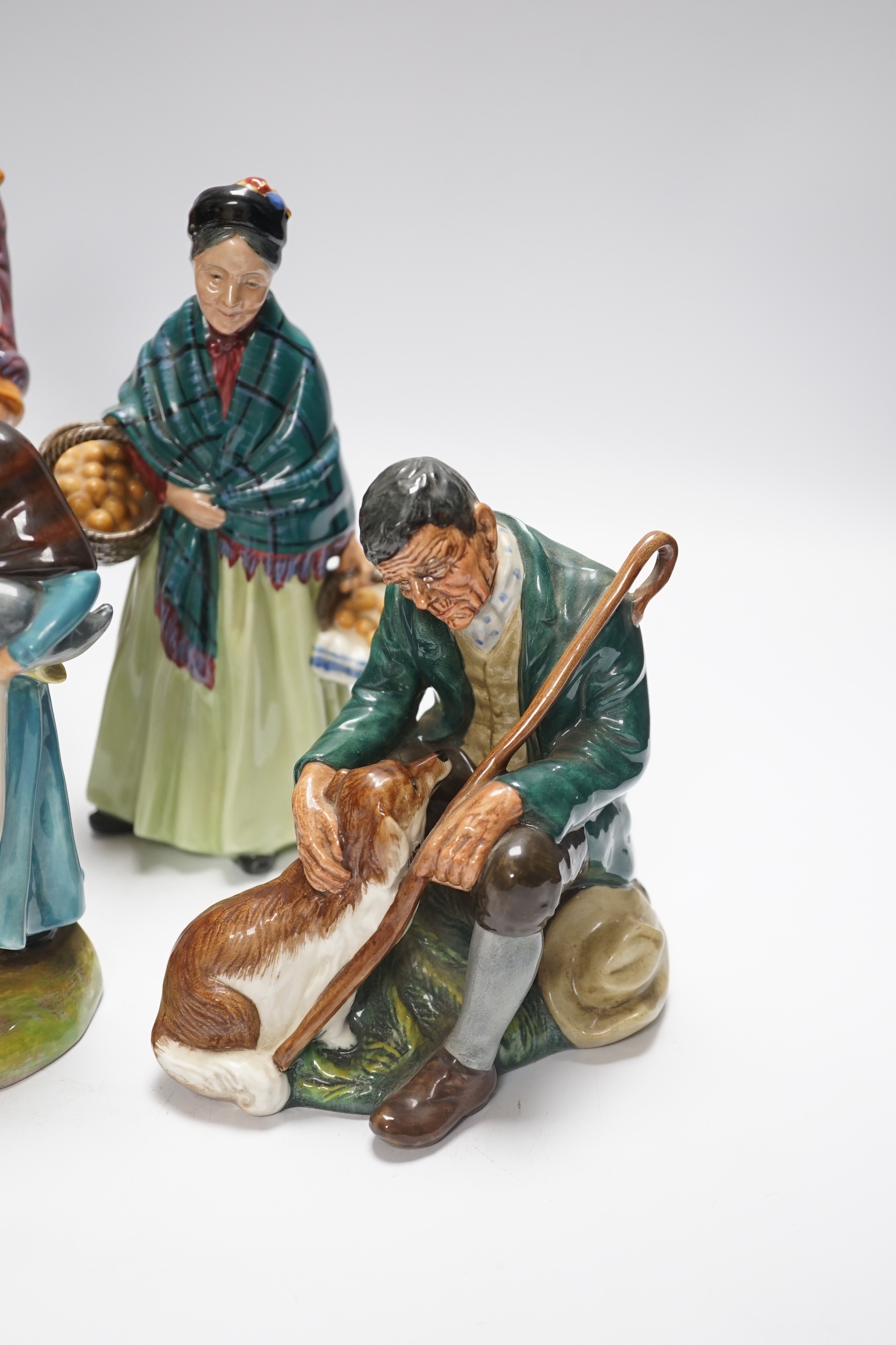 Six Doulton figurines, The Jester, Country Lass, The Master, The Orange Lady, The Old Ballon Seller and Biddy Pennyfarthing, tallest 24cm high